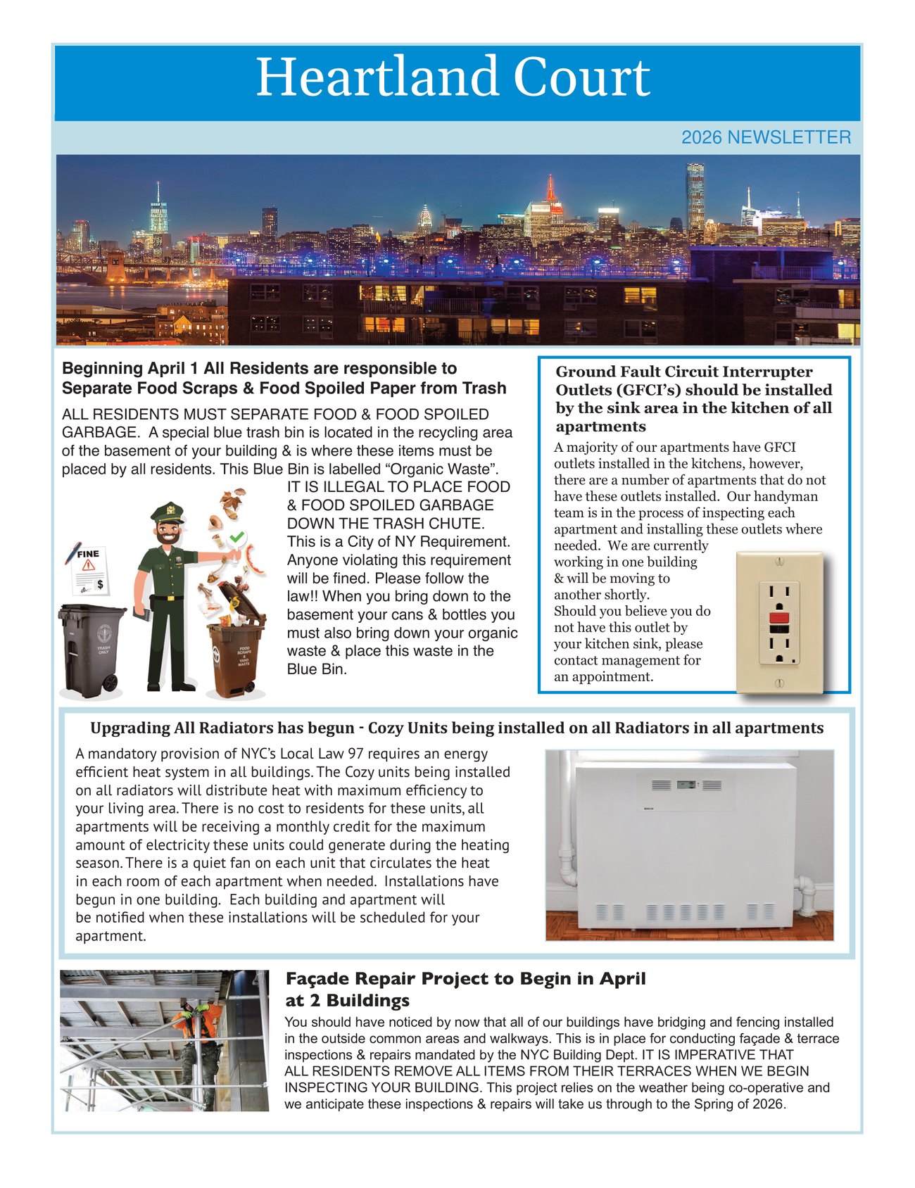 Front page of a sample resident newsletter for Heartland Court, marked 2026 Newsletter. A blue banner carries the property name above a city skyline photo. Articles cover separating food scraps from trash, kitchen outlet upgrades, radiator upgrades and a facade repair project.