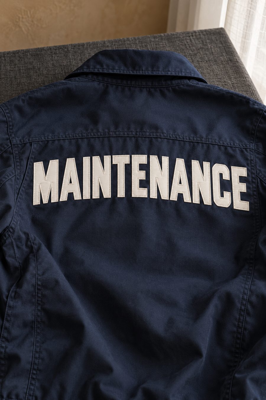 The back of a navy work jacket with MAINTENANCE in large white fabric letters sewn on with stitched edges.