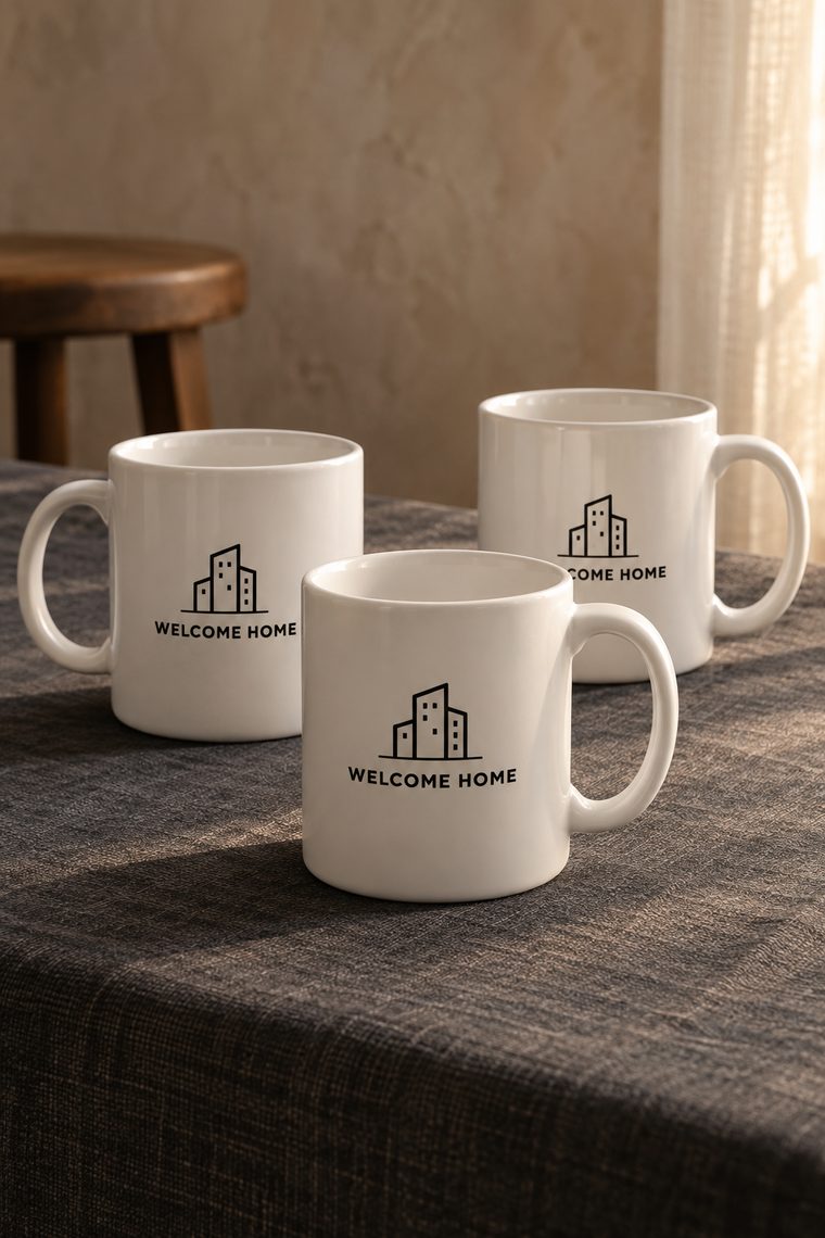 Three white ceramic mugs printed with a building icon and the words WELCOME HOME.