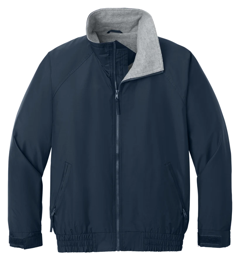 Zip jacket, navy with grey lining.