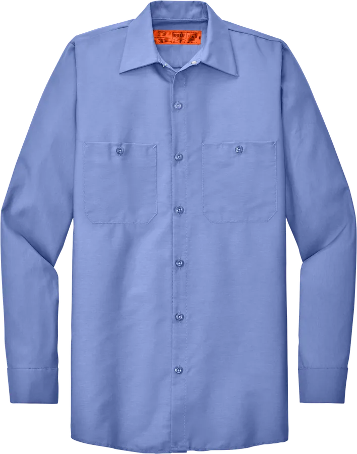 Long-sleeve work shirt, light blue.
