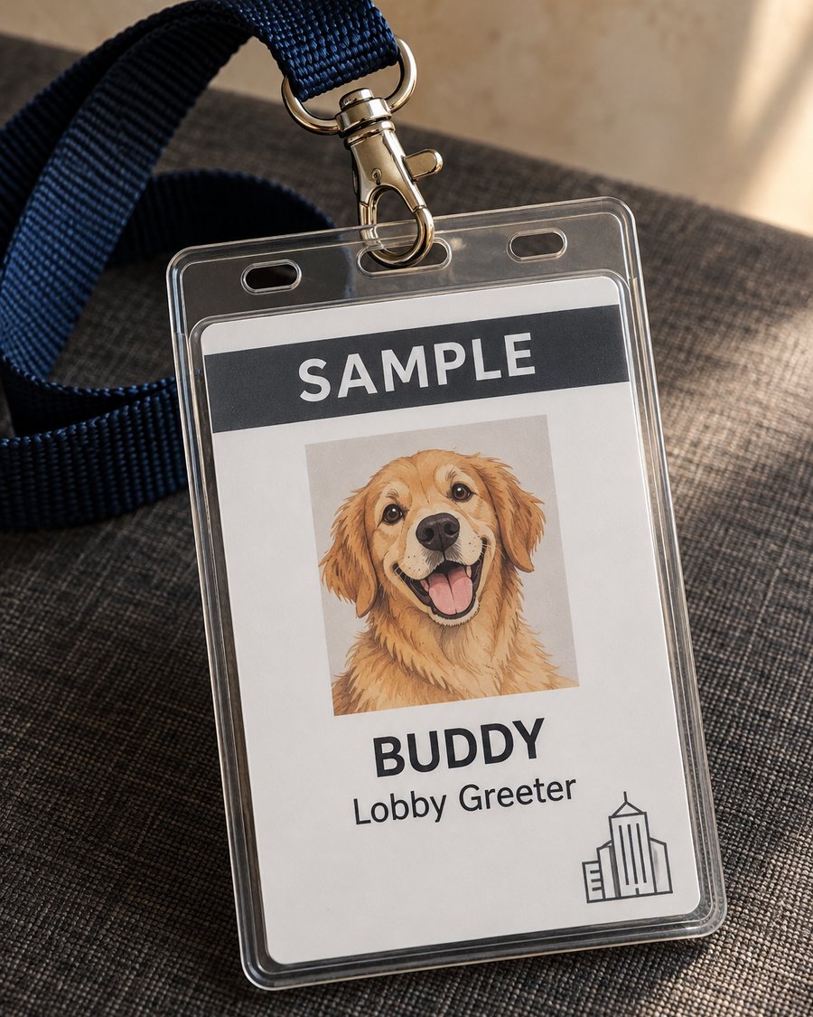 A sample staff ID card in a clear badge holder on a navy lanyard. The card says SAMPLE across the top and shows a cartoon dog named Buddy with the title Lobby Greeter.