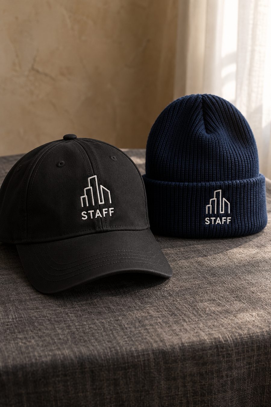 A black cap and a navy knit beanie, each embroidered in white thread with a building icon and the word STAFF.