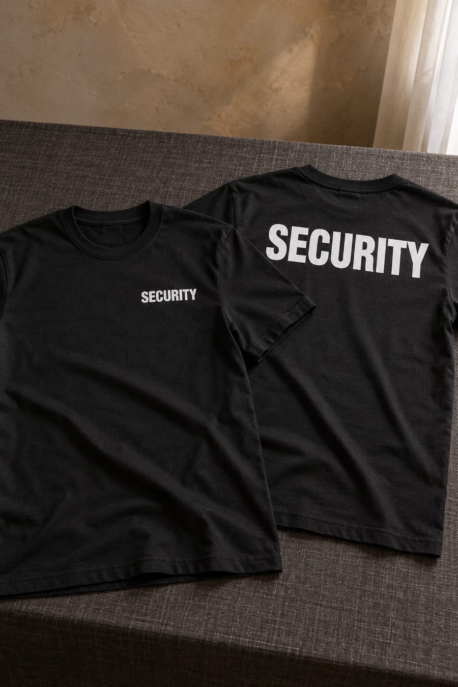 Two black t-shirts, one showing SECURITY printed small on the chest and the other showing SECURITY printed large across the back.