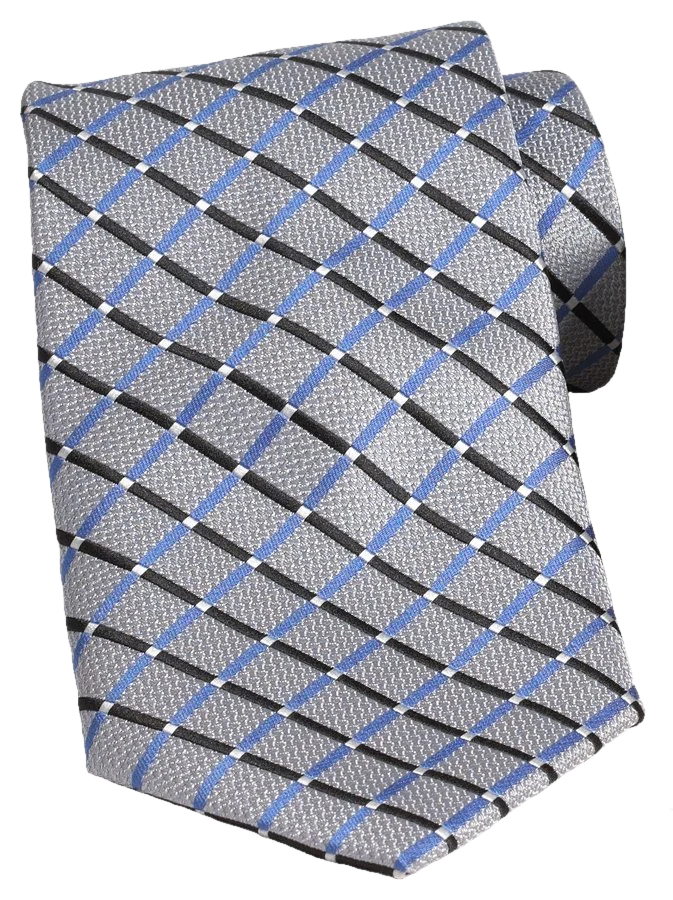 Patterned tie, blue and grey.