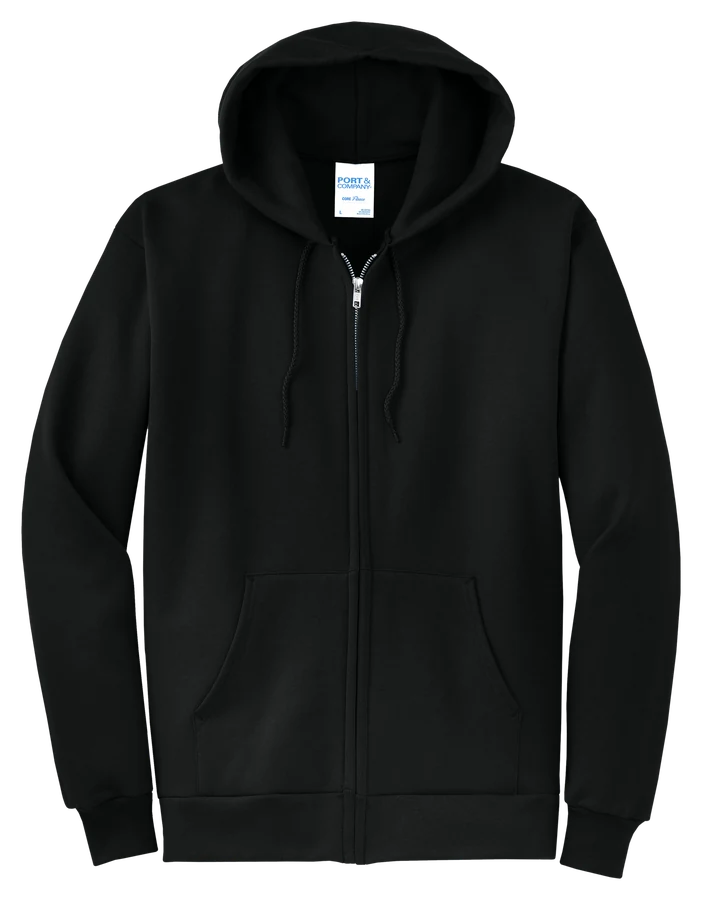 Full-zip hooded sweatshirt, black.