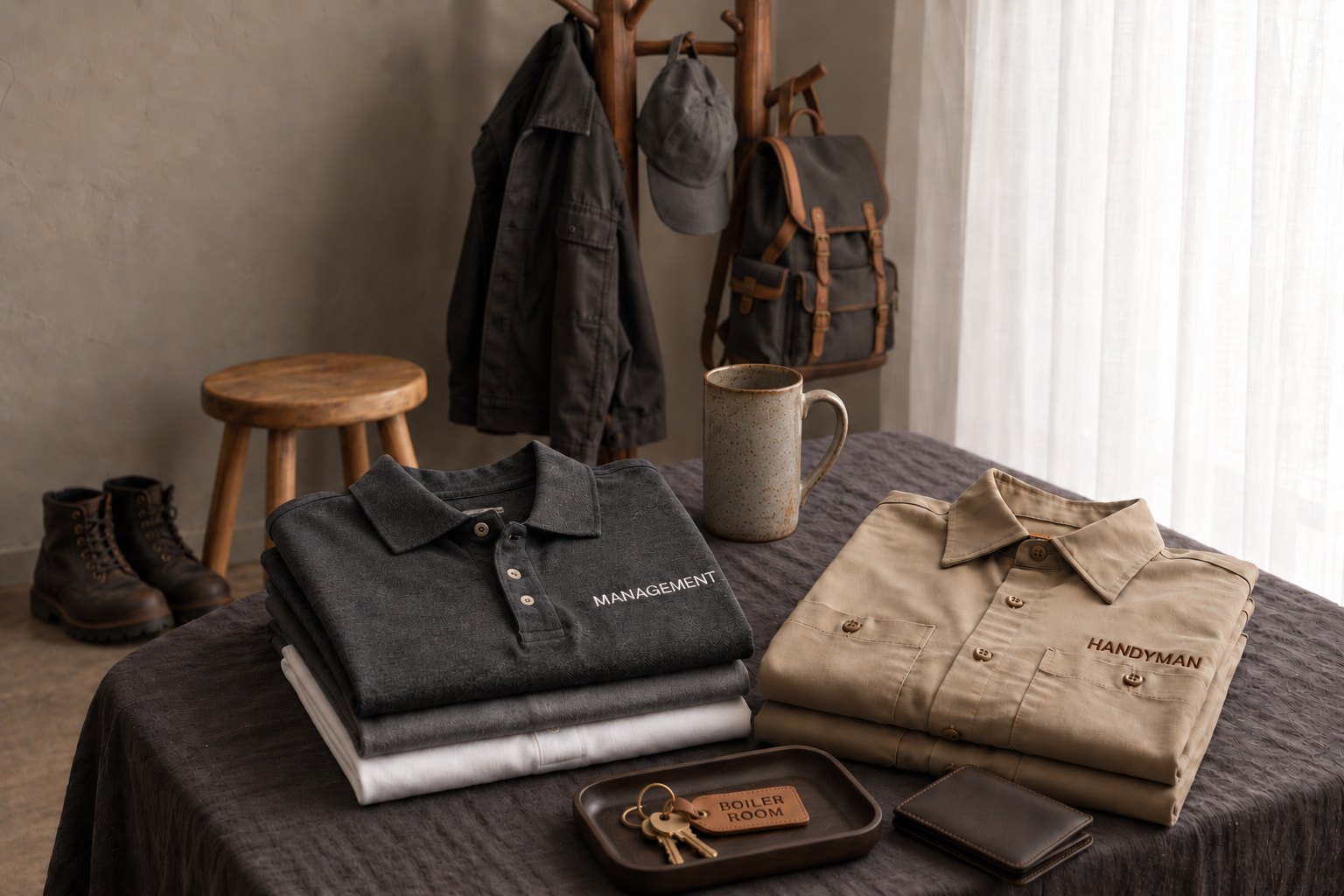 Folded uniform shirts on a charcoal linen table: a dark gray polo with MANAGEMENT embroidered on the chest and a khaki work shirt with HANDYMAN embroidered on the pocket, beside a key tray, a wallet and a ceramic mug, with a jacket, cap and backpack on a coat rack behind.